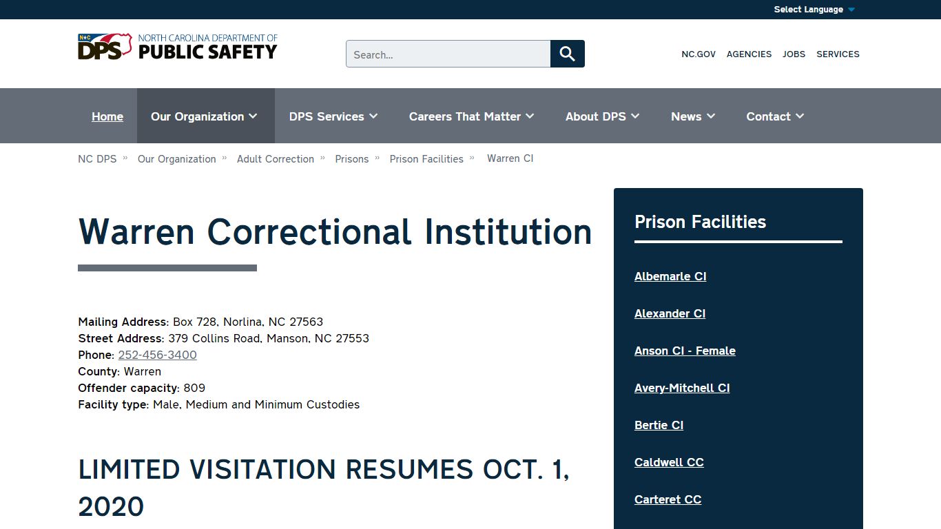 Warren Correctional Institution | NC DPS